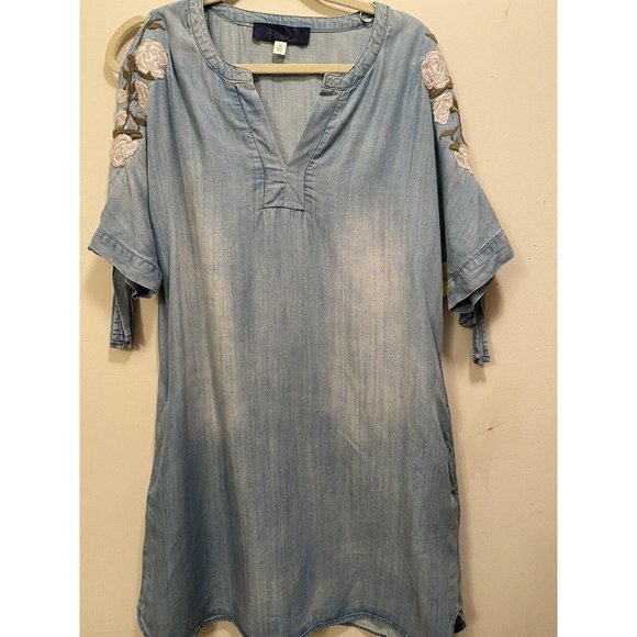 BLUE RAIN Dress Sand Washed Look Chambray Embroidered Cold Shoulder Pockets Med - Picture 6 of 12
